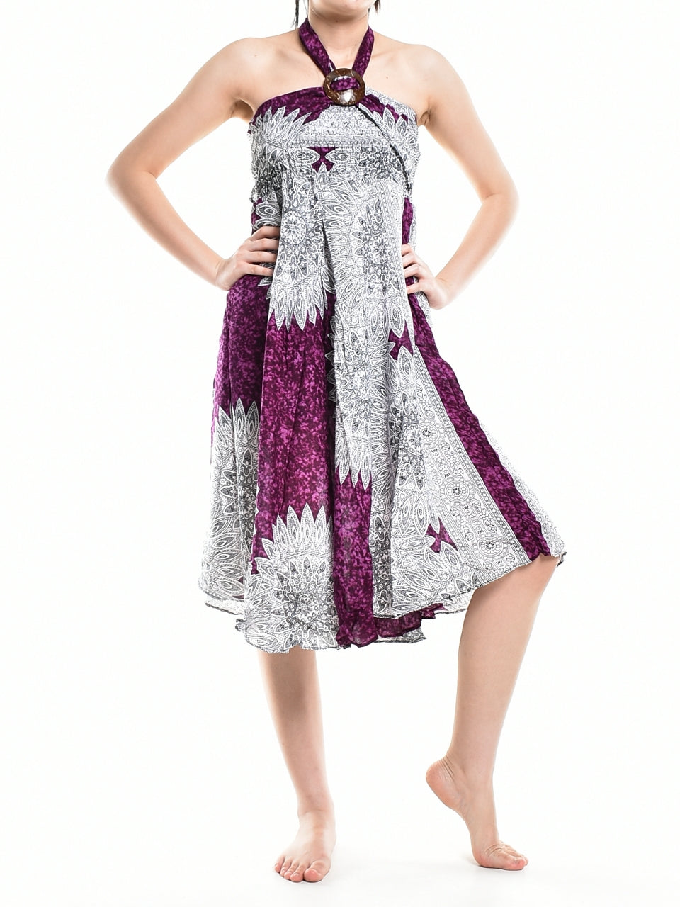 Bohotusk Purple Snowflake Long Skirt featuring a coconut buckle and smocked waist, styled elegantly for versatile wear.